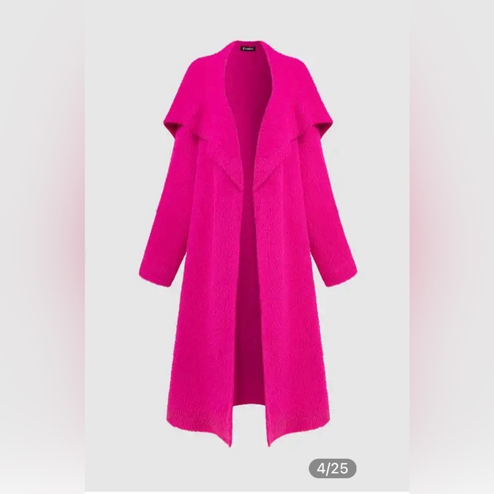 NWT Hot Pink Solid Fluffy Waterfall Collar Longline Cardigan